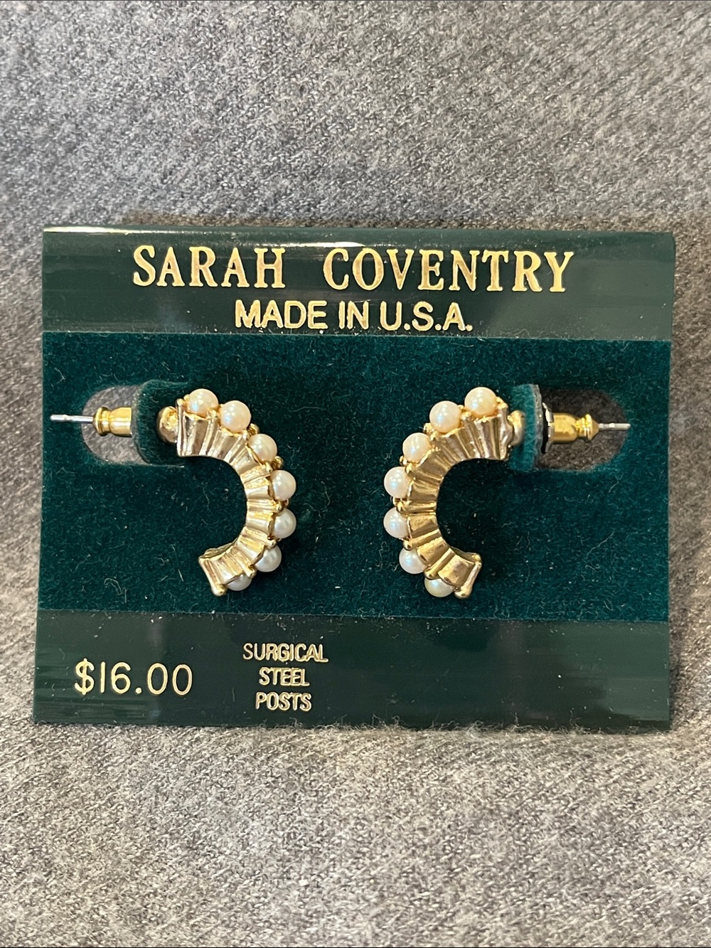 💕 2/$15 Vtg Sarah Coventry Faux Pearl 1/2 Hoop Earrings-NIP